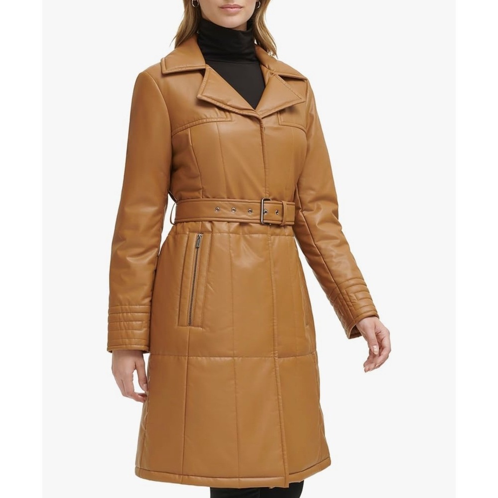 Kenneth Cole Womens Faux Leather Belted Notch Collar Quilted Trench Coat Brown L